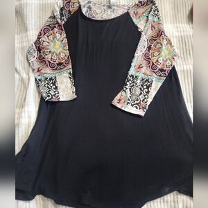 Honeyme Black Top with Colorful Patterned Sleeves
